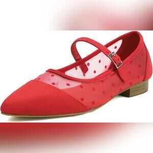 NIB AIJIVOU Mesh Point Toe Splicing Dot Tulle Balerina Casual Flats, Red, 9 M